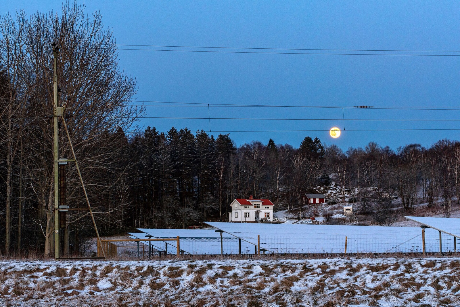 Full Moon low over a snowy field of solar panels and a red house, bare trees to the left.