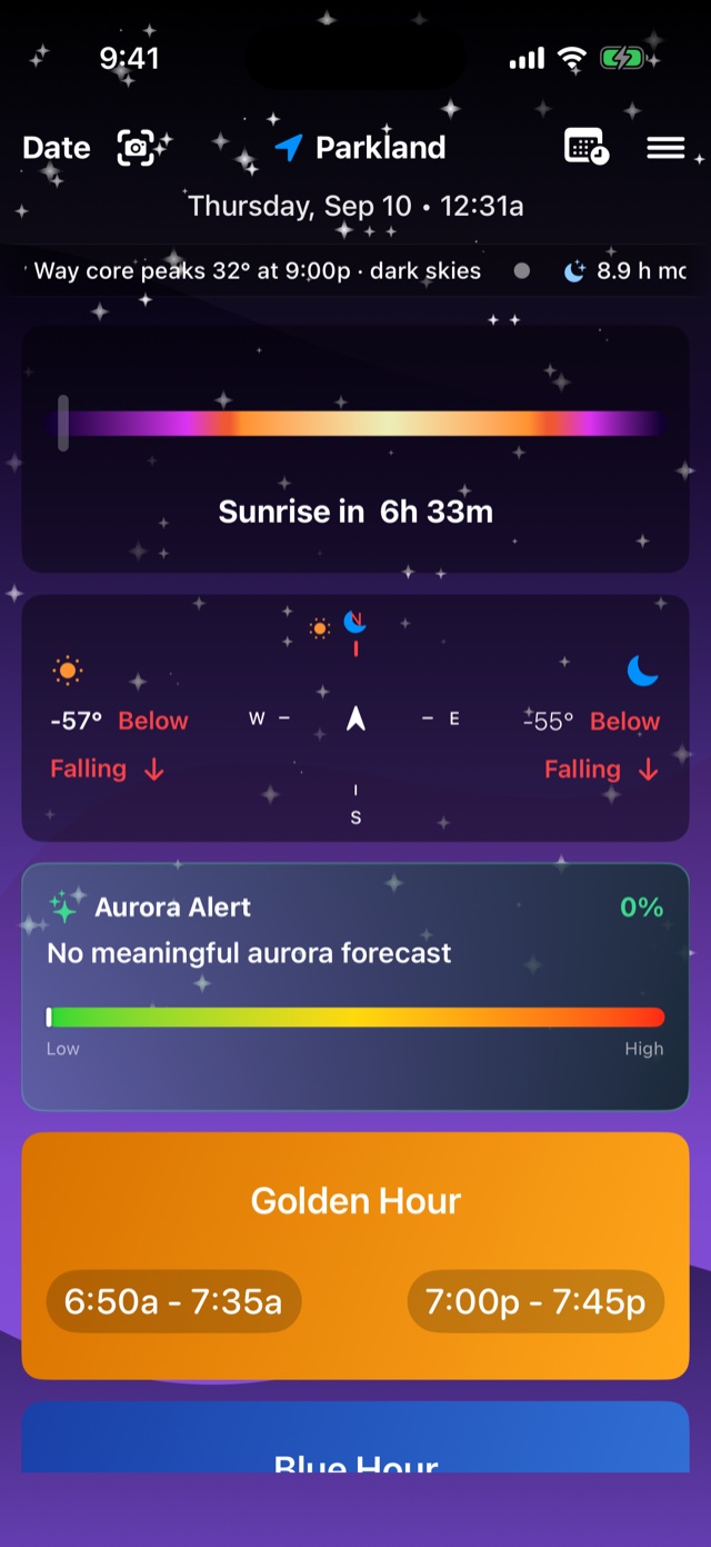 Cards: sunrise countdown, compass, aurora, golden hour