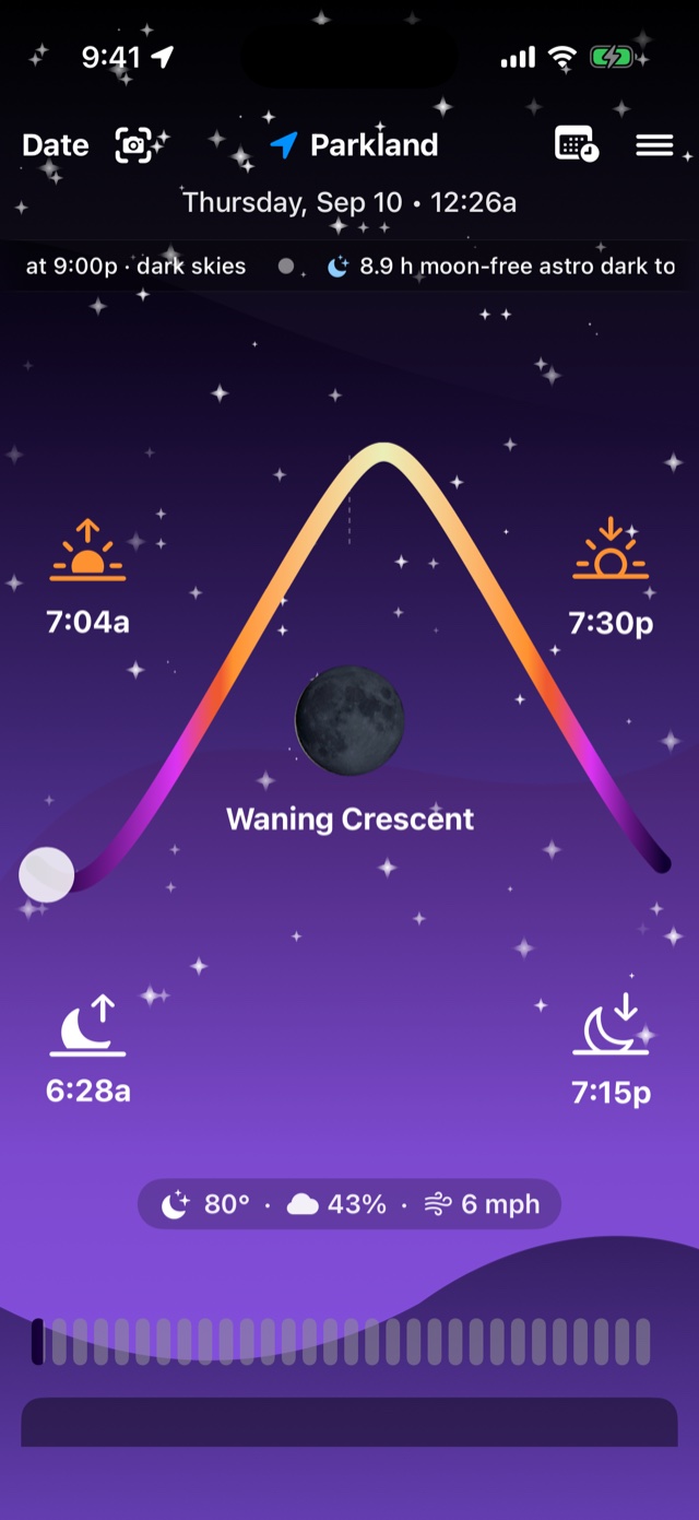 Still Dark home screen: the sun's arc for the day with sunrise 7:04a and sunset 7:30p, the waning crescent Moon, moonrise and moonset, and tonight's weather
