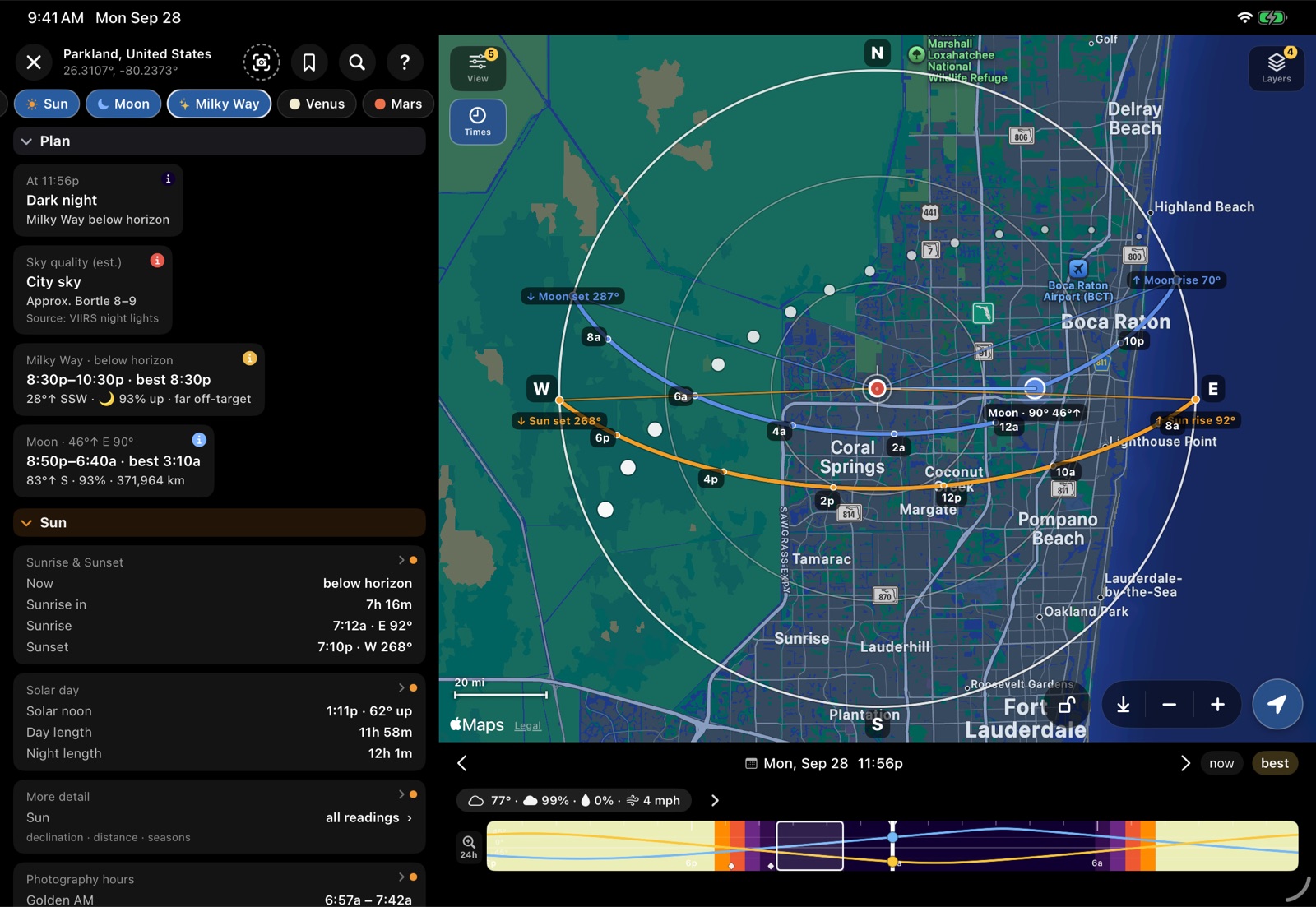 Planner on iPad: Sun and Moon paths on a map with a panel of times on the left
