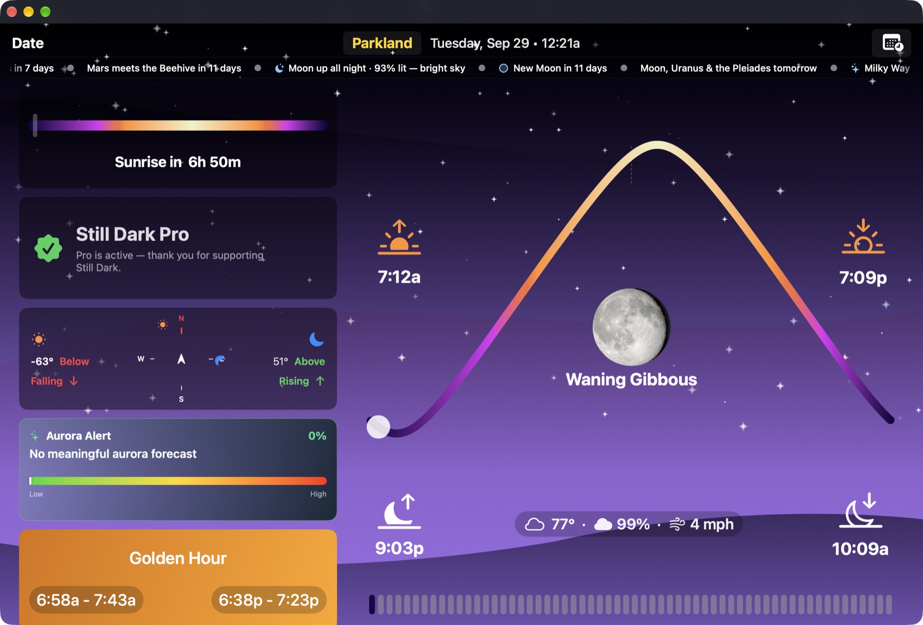 Still Dark home window on Mac: the Sun's path, the Moon, tonight's weather and a column of cards