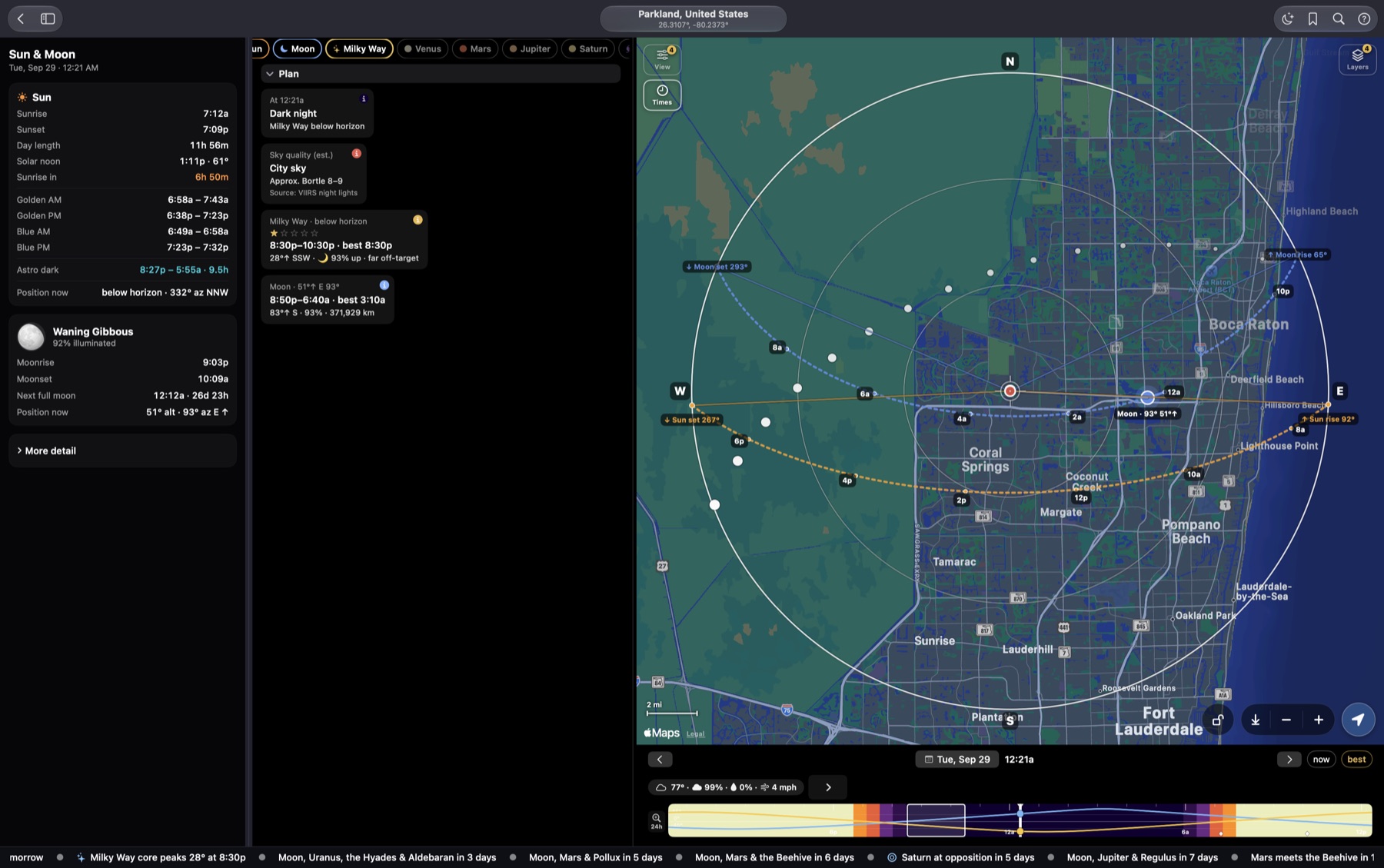 Planner on Mac: a Sun and Moon panel, the plan column and a map with Sun and Moon paths