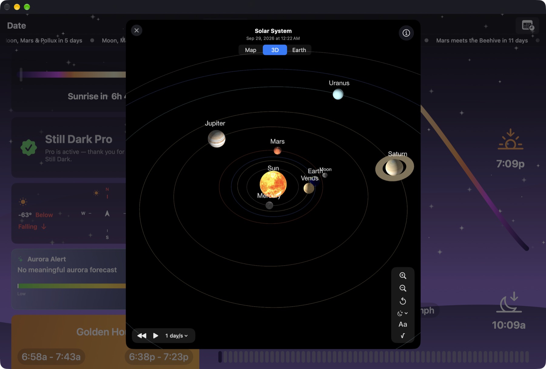 Solar System view on Mac with the planets on their orbits in 3D