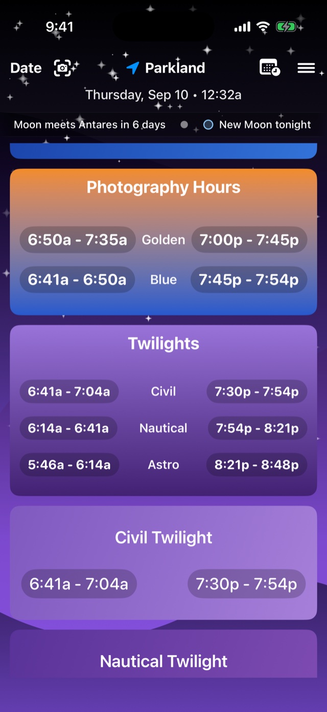 Photography Hours and Twilights cards listing golden hour, blue hour, civil, nautical and astronomical twilight times