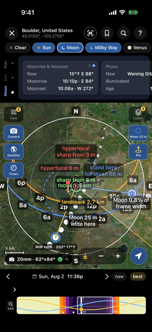 Planner map with Sun, Moon and Milky Way paths, a 20mm camera field-of-view wedge, hyperfocal and Moon-size labels