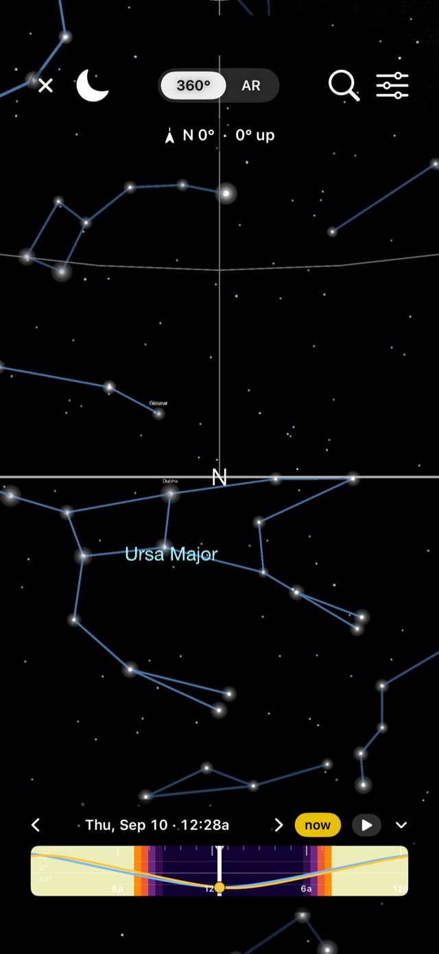 360° sky view showing Ursa Major with constellation lines and labelled stars