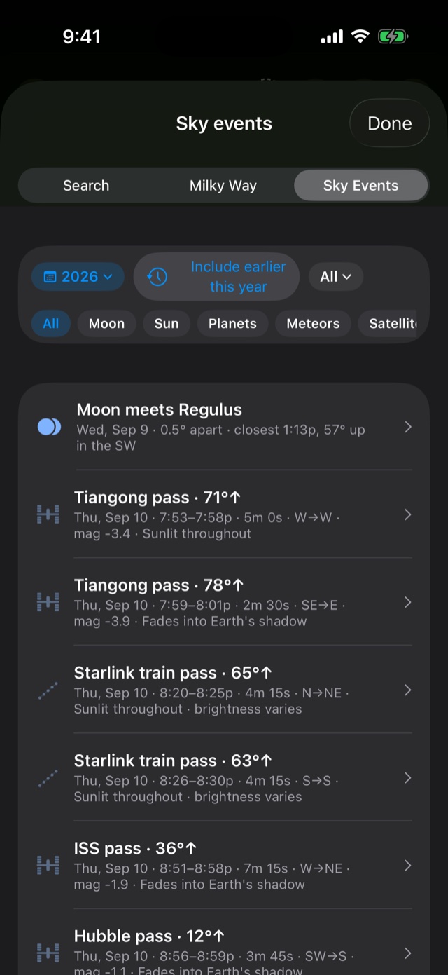 Sky events list: Moon meets Regulus, Tiangong and ISS passes with magnitudes, Starlink trains and a Hubble pass